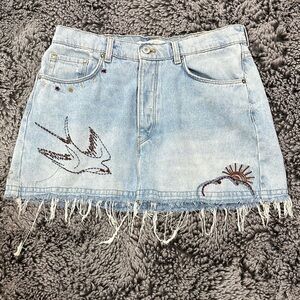 Zara Light Blue Denim Skirt with Embroidery and Fringe